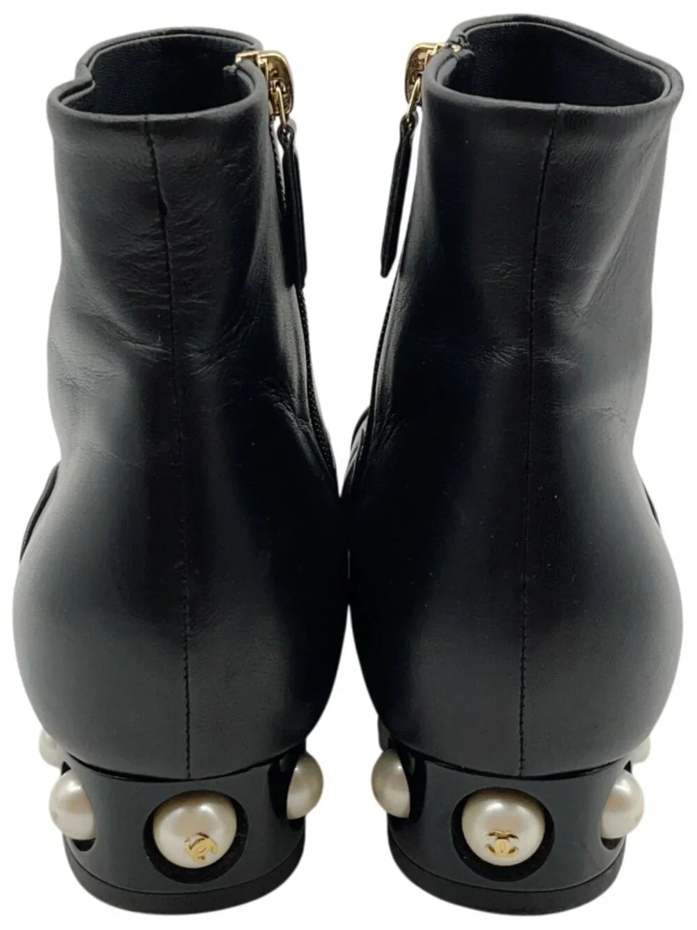 Chanel Black Leather Ankle Boots with Pearl Embellished Heel